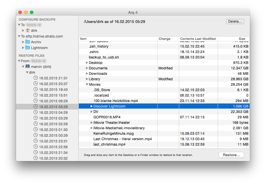 Screenshot Wiederherstellen von Dateien in Arq